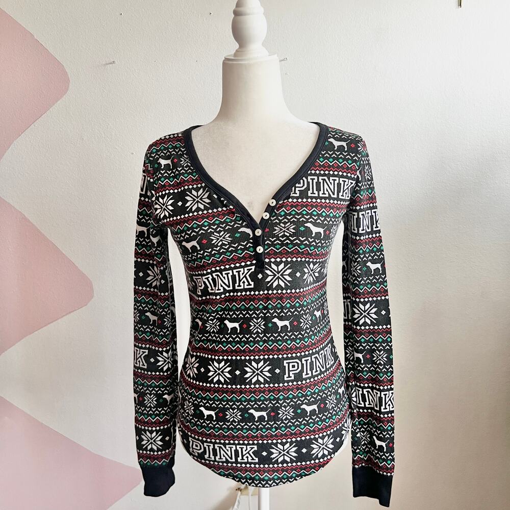 Victorias Secret PINK Black Holiday Snowflake Long‎ Sleeve Top Small